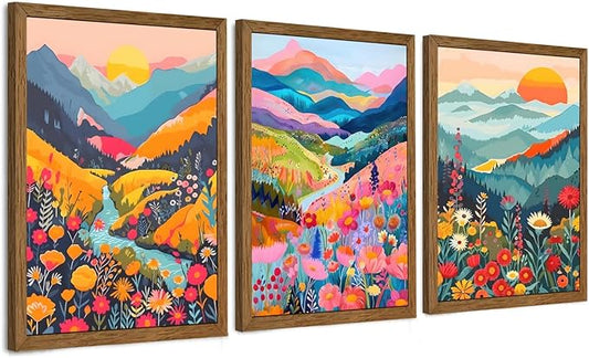 InspiredHues Colorful Mountain Boho Canvas Wall Art Set, 3 Piece Watercolor Flower Picture Wall Decor, Abstract Nature Landscape Artwork Prints for Living Room Bedroom Office 12x16 In Wood Framed