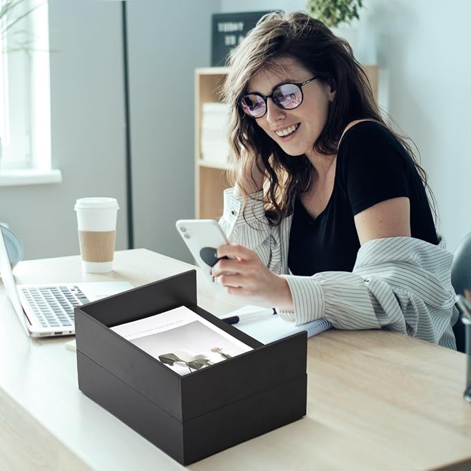 Yeaqee 2 Pcs Wooden Leather Stackable Letter Trays 13 x 10.6inch Luxurious Surface Desk Letter Tray Heavy Paper Inbox Mail Organizer for Office Document Magazine Folder Desktop Accessories(Black) - Image 6