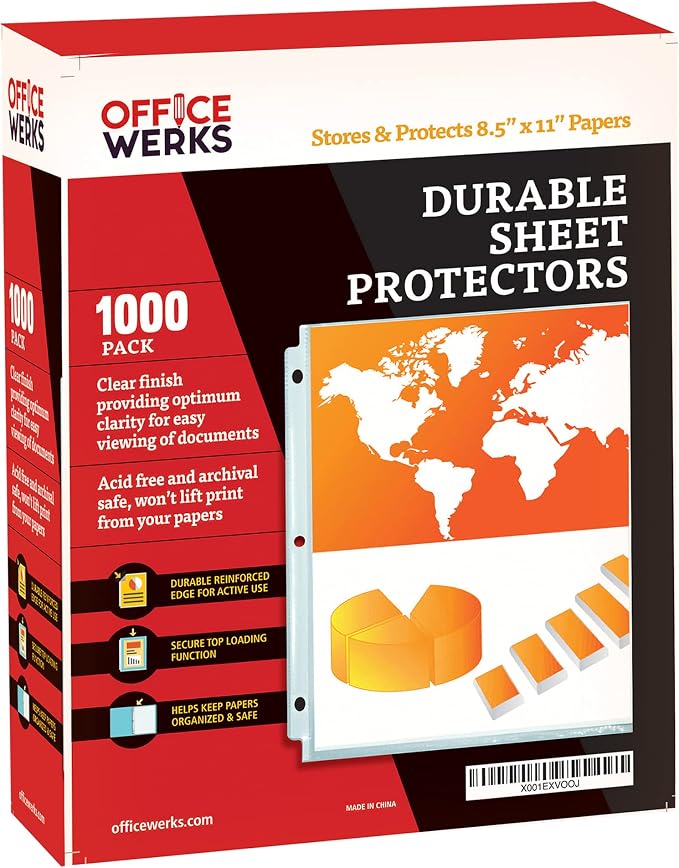 1000 Bulk Sheet Protectors, 8.5 X 11 Inch Clear Page for 3 Ring Binder, 35 Micron Plastic Sheet Sleeves, Durable Top Loading Paper Protector with Reinforced Holes Archival Safe by Office+Werks