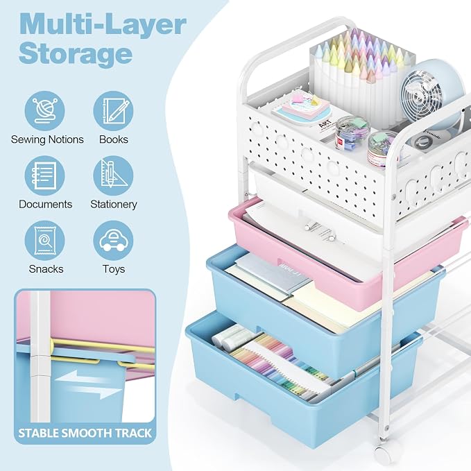 4 Drawer Rolling Storage Cart with Pegboard Top and Hooks, Pink&Blue | Mobile Organizer Cart with Wheels for Office Supplies, Craft Storage, Classroom Organization, Home Utility Cart - Image 3