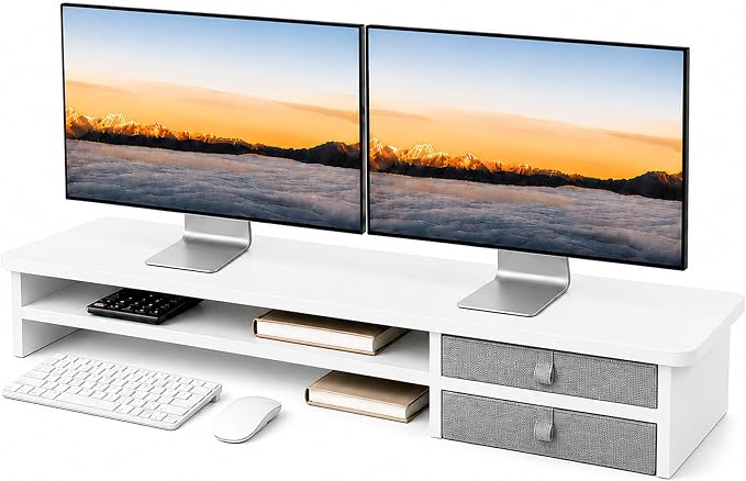 Dual Monitor Stand, 42.5 Inch Wood Monitor Riser with Drawers, 2 Tier Desktop Organizer for Computer Laptop TV, Large Screen Stand for Home Office Desk by ExaDesk