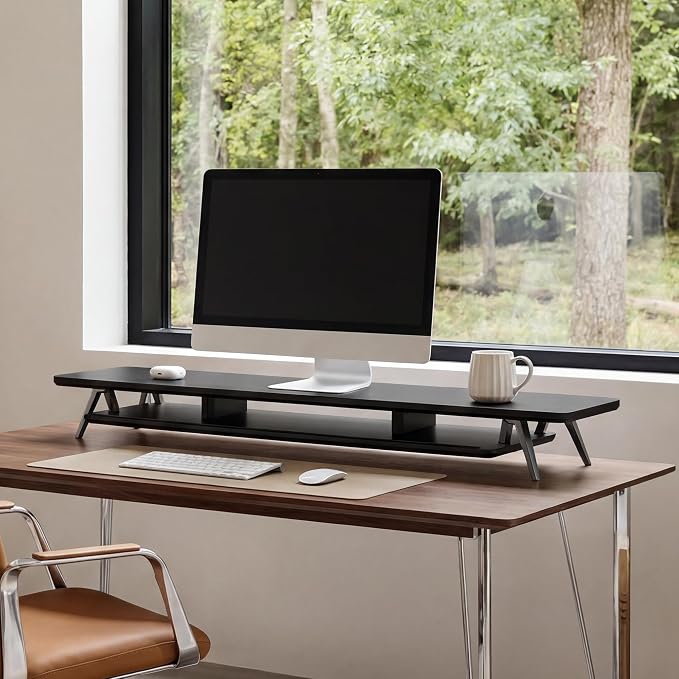 Fenge Dual Monitor Stand Riser, Wooden Desk Shelf with 2-Tier Storage | 47.2-Inch Extra Wide, Sturdy Aluminum Legs, Built-In Phone & Tablet Slot, Desktop Organizer for Office Accessories - Image 7