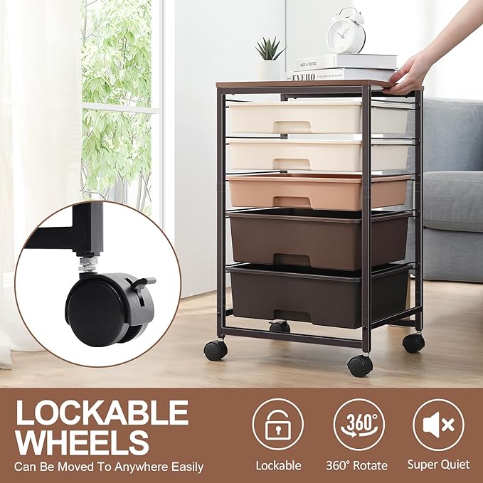 SYKIARIOL Rolling Cart with Drawers, 5 Drawers Utility Cart, Dark Brown | 5-Tiers Storage Cart with Drawers with Lockable Wheels for Craft Organizers and Storage,Home Office,Classroom,Dorm,Playroom - Image 6