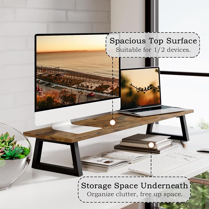 TEAMIX 31.5 inch Dual Monitor Stand Riser, TV Riser, Wood Desk Organizer | For 2 Monitors/Laptop/Printer, Long Computer Stand, Wood & Steel, Holds 150 lbs, PS5/Keyboard Storage, For Home Office Gaming - Image 2