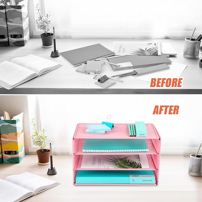 Paper Organizer Tray, 3 Tier Mesh Desk File Organizer Letter Sorter Holder for Home Office, Pink - Image 3