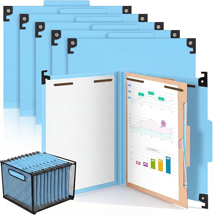 Henoyso 10 Pcs Hanging Classification Folders,1 Pocket Divider,Light Blue | Letter Size, Hanging File Folders with 1 Pockets, 2" Expansion, 4 Prong Fasteners, 1/3 Tab Cut, 4 Sections, Pressboard Manila by Henoyso