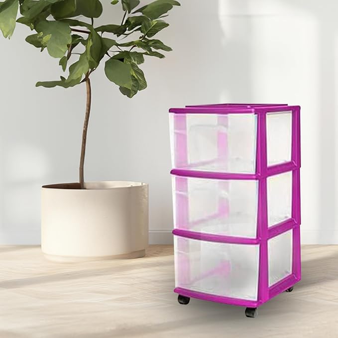 HOMZ 2-Pack Drawer Tower, 3-Tier Clear Plastic Storage Organizer Cart, Purple Frame - Organizing Containers with Wheels for Home, Bathroom, Bedroom, Office, and Classroom - Image 2