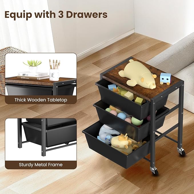 Rolling Cart with 3 Drawers, Plastic Drawer Storage Carts with Lockable Wheels & Wooden Tabletop, Metal Utility Cart Organizer, Office Bedroom Classroom Craft Organization and Storage, Dark Black - Image 5