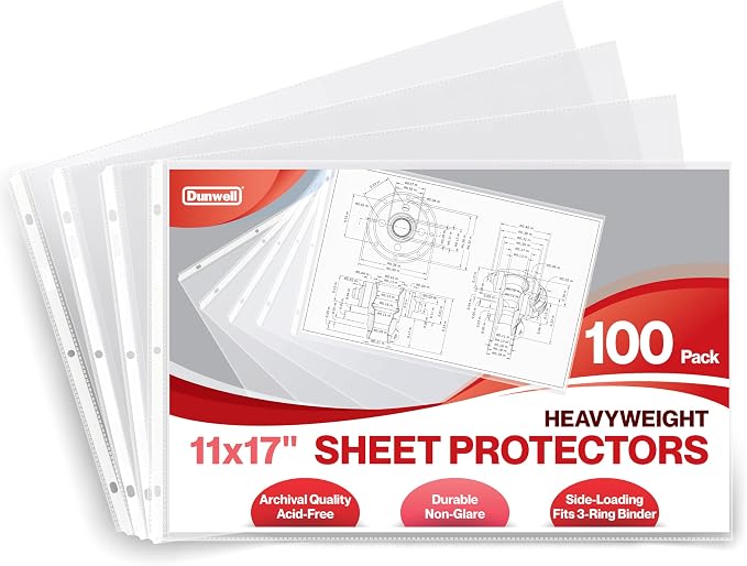 Dunwell 11x17 Sheet Protectors Landscape - (100 Pack, Heavyweight), 11 x 17 Ledger Size Plastic Sleeves, 3 Hole Punched, Fits 3-Ring Binders, Clear Heavyweight Acid-Free Poly by Dunwell