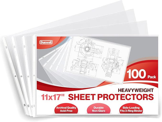 Dunwell 11x17 Sheet Protectors Landscape - (100 Pack, Heavyweight), 11 x 17 Ledger Size Plastic Sleeves, 3 Hole Punched, Fits 3-Ring Binders, Clear Heavyweight Acid-Free Poly by Dunwell