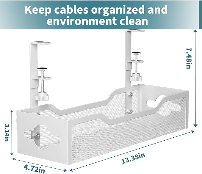 Under Desk Cable Management Tray 3 Pack, Cable Management Under Desk No Drill, Cable Organizer with Clamp for Wire Management, Cord Organizer for Office, Home - No Damage to Table (White) - Image 7