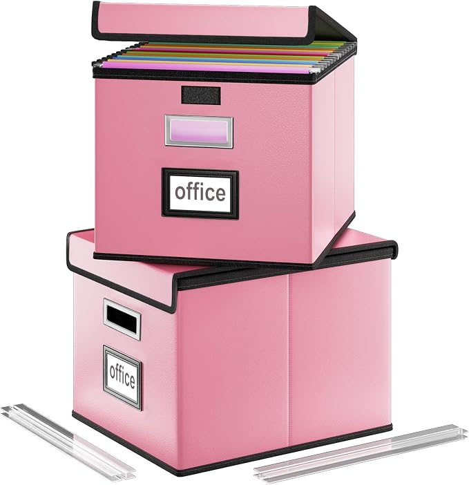 File Organizer Box with Lids, Collapsible File Folder Organizer | File Box with Plastic Slides for Document, Filing Bin for Letter Size Hanging File Folders (2 Pack, Pink, Leather) by Huolewa