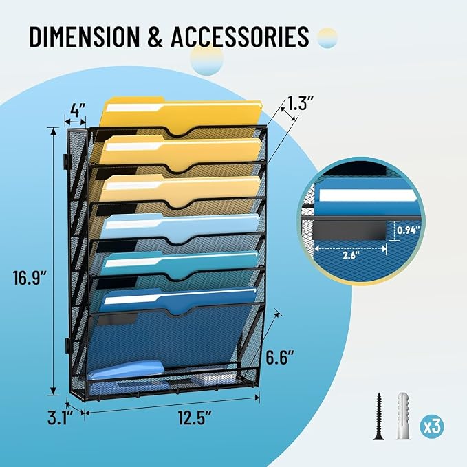 7-Tier Hanging Wall File Organizer with Hooks, 2 Pack | Mesh Wall File Holder, Mail Organizer Wall Mounted for Papers, Documents, Folders and Magazines in Home Office, Classroom - Image 3