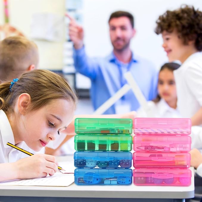 Fainne 24 Pack Pencil Boxes for School Clear Plastic Pencil Case Large Plastic Crayon Box Bulk Stackable Classroom Stationery Organizer School Supplies(Red, Blue, Green) - Image 6