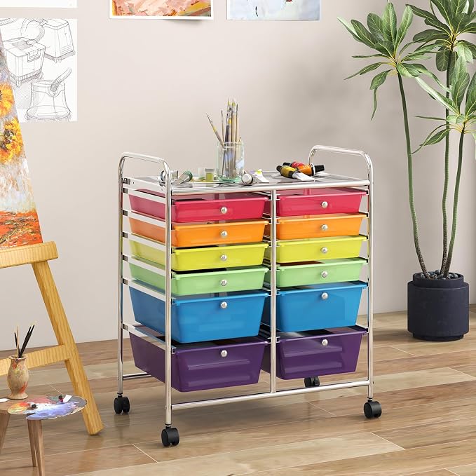 COSTWAY 12-Drawer Rolling Storage Cart, Moveable Art Craft Organizer | Lockable Wheels, Metal Shelf, Files Arrangement Tools Makeup Storage Cart for Office, Home, School (Rainbow) - Image 2