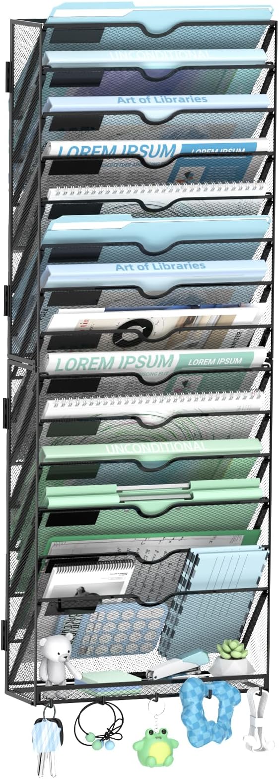 15-Tier Wall File Organizer with 5 Hooks, Wall Mounted Mail Organizer | File Holder Organizer, Metal Mesh Office Wall Organizer for Home, School & Classroom by SUPEASY