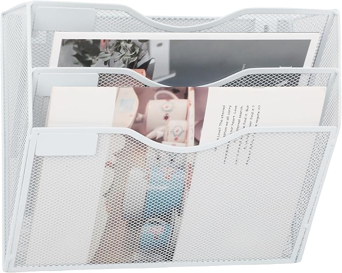3 Pocket Mesh Hanging Wall File Organizer, Wall Mounted Mail Paper Document Folder Holder, Clipboard Storage Organization Magazine Rack with Nametag Label for Office Home School, White - Image 6