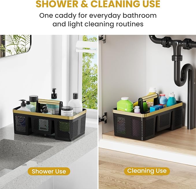 BYUNER Portable Cleaning & Shower Caddy with Handle: Rigid Plastic Basket with 4 Divided Compartments, All-Side Drainage for College Dorm, Bathroom & Utility Use, Black/Gold - Image 2