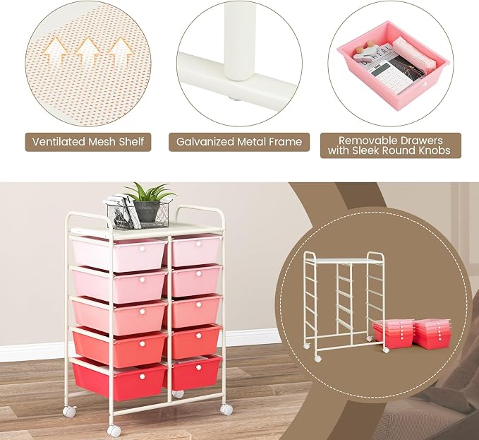 COSTWAY 10 Drawer Rolling Storage Cart, Utility Cart with Lockable Wheels | Mobile Art Supply Craft Organizer with Metal Frame, Multipurpose Drawer Cart for Paper for Office, School, Mixed Pink - Image 6