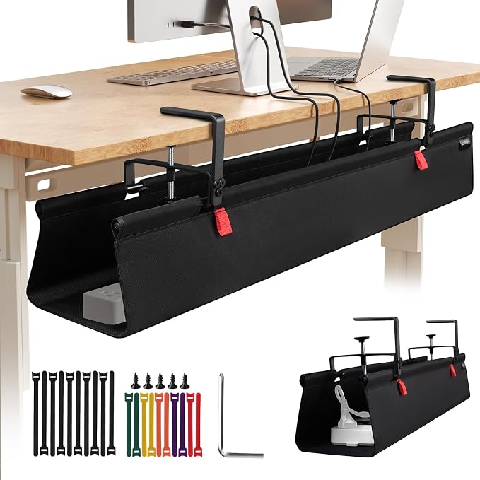 Under Desk Cable Management Tray No Drill,48Inch Cable Management,Black | Clamp and Screw Mount Cable Management Tray, Extra Large Capacity Desk Cable Management, Fabric Wire Management for Office by SUREUP9