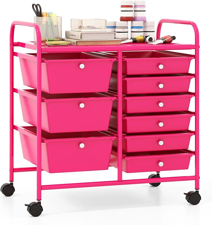 Giantex 9 Drawers Rolling Cart, Classroom Organizers, Storage Cart with Wheels, for Teacher Office Home School Supplies Tool Craft Art Paper, Hot Pink by Giantex