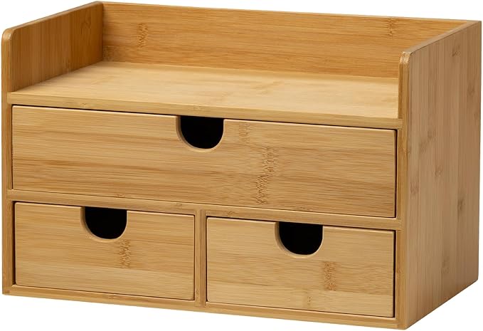 MEEDEN Bamboo Desk Organizer with Drawers: Desktop Storage Container with Shelf - Tabletop Storage Organization Box for Office Home Toiletries Supplies by MEEDEN