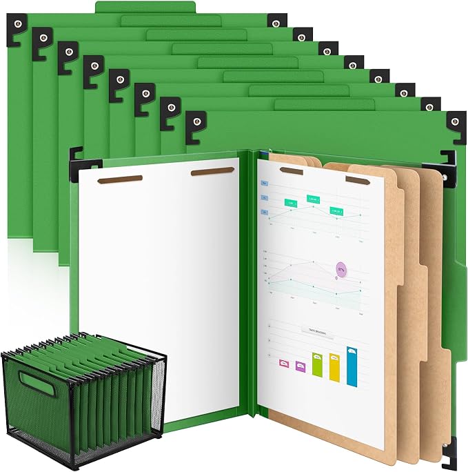 Henoyso 15 Pcs Hanging Pressboard Classification Folders with 4 Hangers, 3 Divider/ 8 Section, Letter Size, 8 Fasteners, 4 Inch Expansions, 1/3-cut Tab File Folder for Office School Medical(Green) by Henoyso