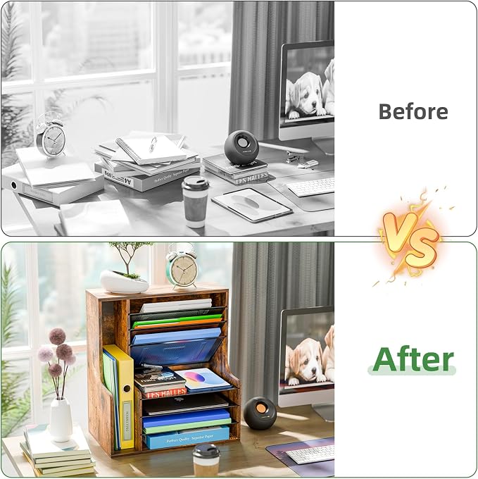 Simple Trending 7- Tier Desk File Organizer, Paper Organizer, Rustic Brown | Adjustable Letter Trays, Wooden Desk Accessories with Side File Holder, for Office Home Classroom, 16"L x 9"W x 17"H - Image 6
