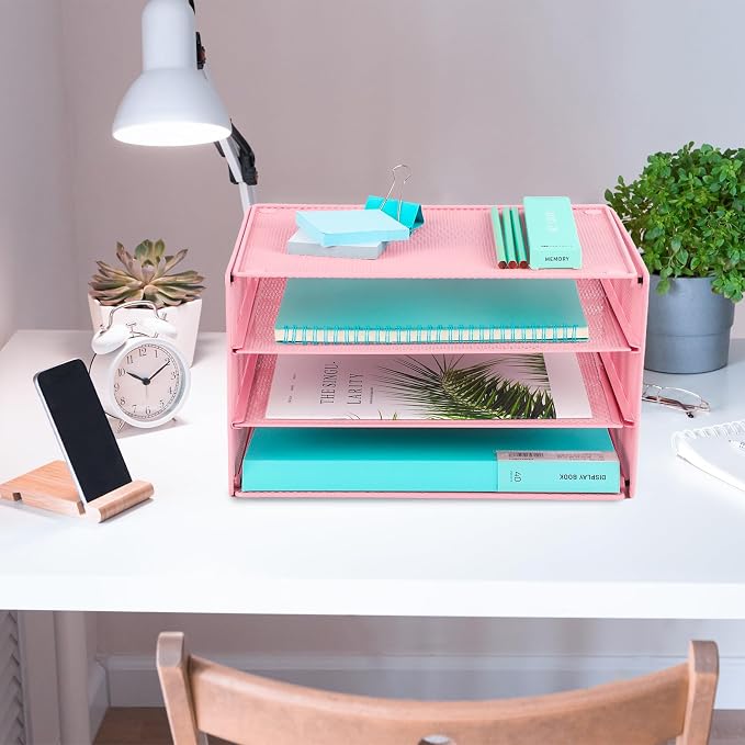 Paper Organizer Tray, 3 Tier Mesh Desk File Organizer Letter Sorter Holder for Home Office, Pink - Image 4