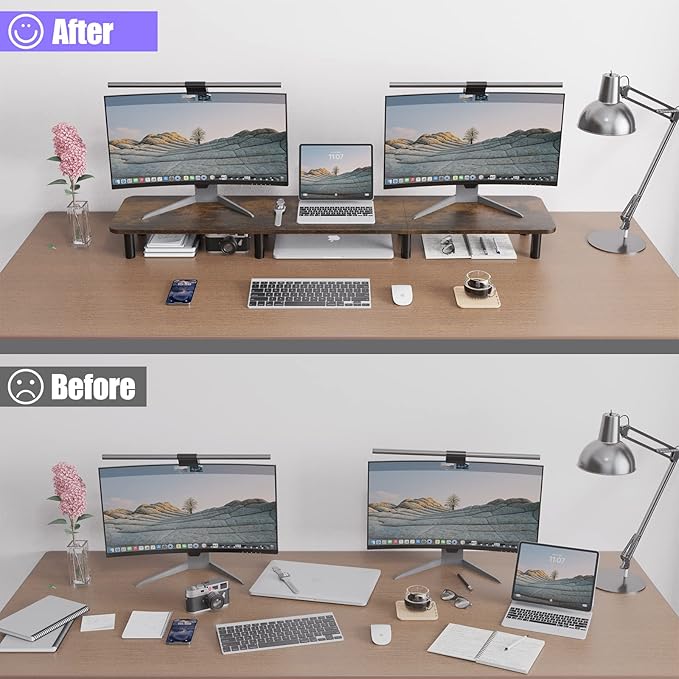 Dual Monitor Stand - 43.7 inch Extra Long Wide TV Stand - Wood & Steel Leg Desktop Riser - Desk Organization - Home Office (Vintage) - Image 5