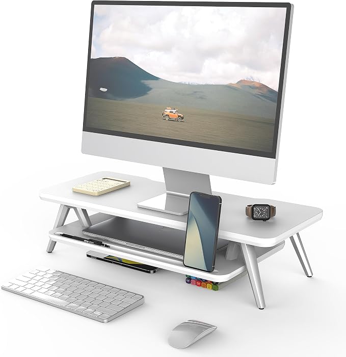 Fenge Monitor Stand Riser, Wooden Desk Shelf with 2-Tier Storage | 23.6-Inch Wide, Sturdy Aluminum Legs, Built-In Phone & Tablet Slot, Desktop Organizer for Office Accessories by Fenge