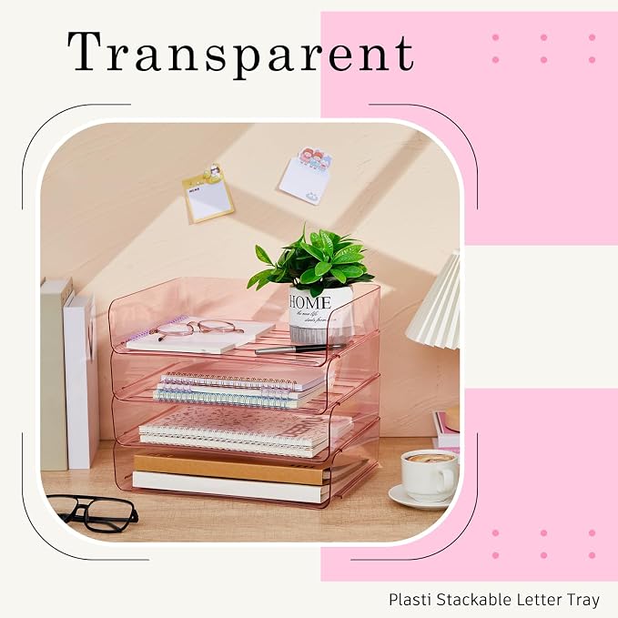 Harloon 4 Tier Pink Acrylic Paper Organizer 13 x 9.8 x 3 Inches Letter Tray Desk File Organizer Stackable Documents Clear Letter Paper Holder Office Tray for A4, Office Home File Desktop Storage - Image 5