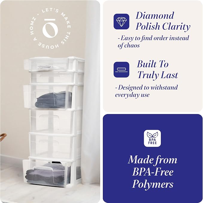 HOMZ Drawer Tower, 6-Tier Storage Cart with Removable Wheels, White Frame | Plastic Organizer with Clear Bin Drawers for Bedroom, Bathroom, Home Office, and Dorm Rooms - Image 5