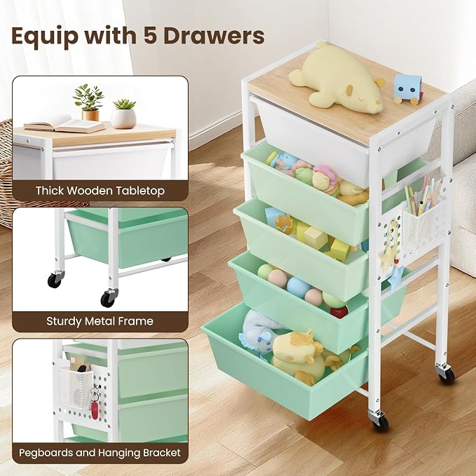 Rolling Cart with 5 Drawers, Plastic Drawer Storage Carts with Wheels & Wooden Tabletop, Metal Utility Cart with Pegboards, Office Living Room Classroom Craft Organization and Storage, Bright Green - Image 5