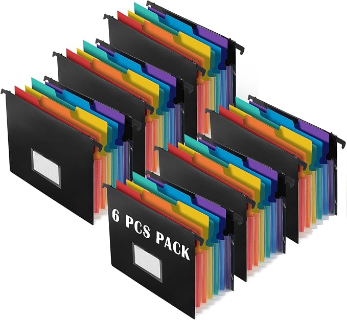 7-Pockets Hanging File Folder with Retractable Hooks for Filing Cabinet, Letter Size Expandable Accordion File Organizer with Elastic Band for File Frame or On-The-Go Use (6 Pack) by TRANBOTrustBest
