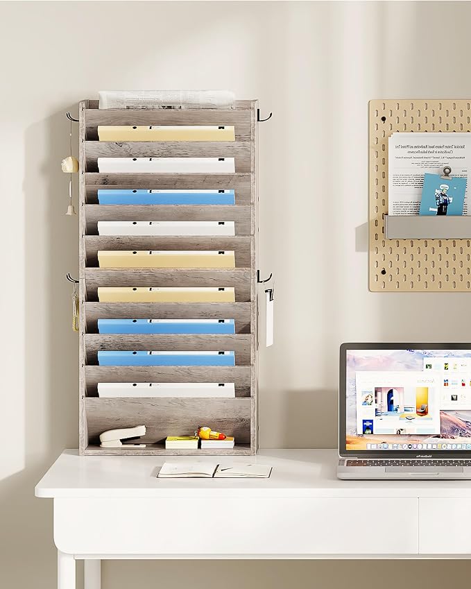 Wall File Organizer, 10-Tier Hanging Mail Organizer, Wall Mount File Holder with 4 Side Hooks, Industrial Mail and Storage Organizer, Wooden Vertical Hanging Holder for Office, Greige MWJ03FH - Image 7