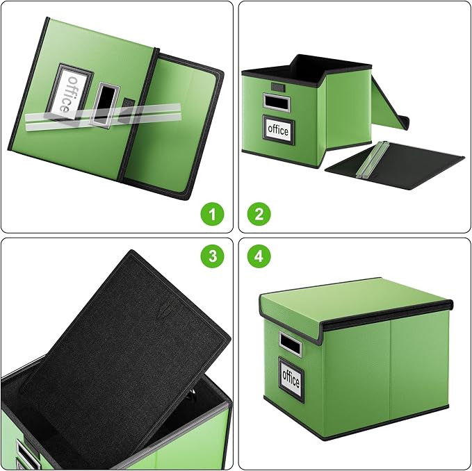 File Organizer Box with Lids, Collapsible File Folder Organizer | File Box with Plastic Slides for Document, Filing Bin for Letter Size Hanging File Folders (4 Pack, Green, Leather) - Image 7