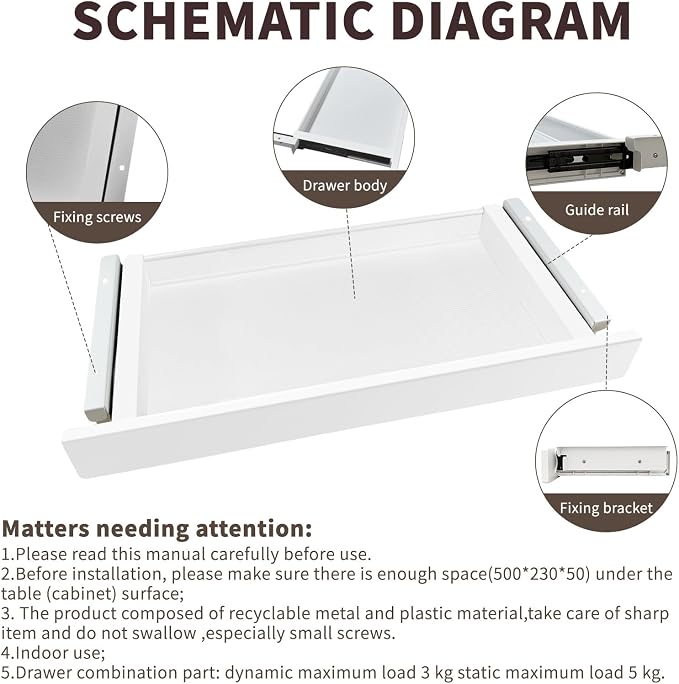 Under Desk Mounted Sliding Drawer to pull out, Attachable Desk Pencil Drawer Ball-Bearing Slides (White) - Image 4