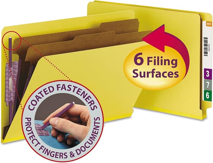 Smead 100% Recycled End Tab Pressboard Classification File Folder with SafeSHIELD Fasteners, 2 Dividers, 2" Expansion, Legal Size, Yellow, 10 per Box (29789) by SMEAD