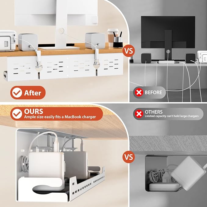 Univivi Under Desk Cable Management Tray, Cable Management, 32 inch, White | Durable Steel Material, Desk Cable Management with No-Drill C-Clamp and Screw Mount, Cord Management for Office/Home - Image 3