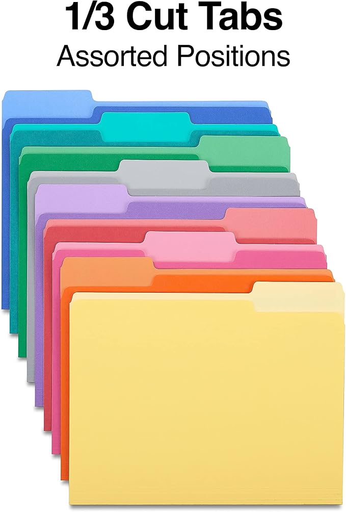 Staples File Folder, Letter Size, 1/3‑Cut Tabs, Assorted Colors, Durable Paper Stock, 500/Carton - Image 3