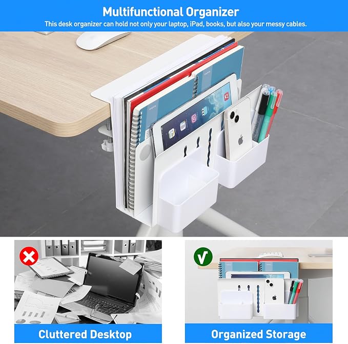 MAXECHO Desk Side Storage, Under Desk Laptop Mount, Table Side Hanging File Organizer, No Drill Clamp On Cable Management Tray, Laptop Holder with Magnetic Pen Holder for Office and Home, Load 22 Lbs - Image 3