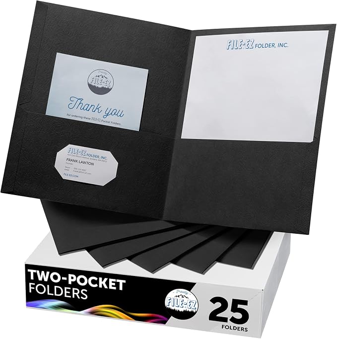 FILE-EZ Two-Pocket Folders, Black, 25-Pack, Textured Paper, Letter Size (EZ-32505) by FILE-EZ