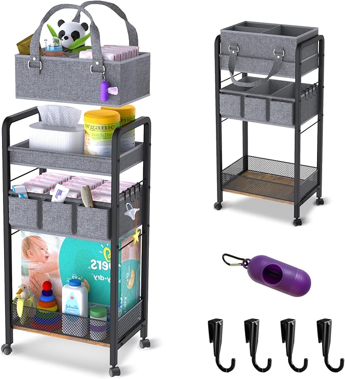 2IN1 Baby Diaper Caddy Organizer-3 Tier Rolling Storage Cart with Dividers - Bedside Diaper Caddy Cart for Baby Nursery Newborn Essentials-Mobile Utility Carts with Wheels for Changing Table by Unknown
