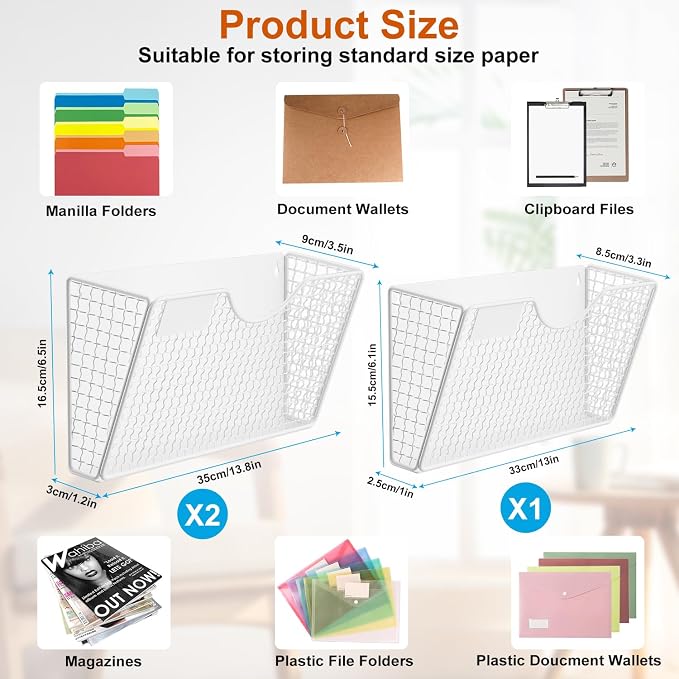 MFTEK Magnetic File Holder, 3 Pockets Wall File Folders Holder No Drilling Magnetic Paper Mail Organizer Magazine Basket, Hanging Storage Rack for Fridge Cabinets Office Classroom(White) - Image 7