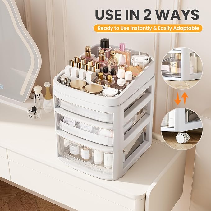 Rolling Cart with 3 Drawers, Clear Plastic Drawer Organizers, Vanity Cart | Dust Proof Under Desk Storage with Dividers for Makeup, Skincare, Art Crafts and Baby Items, Acrylic Cosmetic Organizer - Image 5