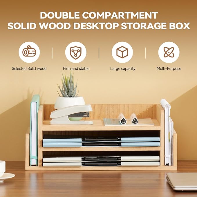 KIRIGEN Wood Desk Organizer, 5-Tray Letter Tray and Mail Sorter Natural 2TP | Solid Wood 3-Tier Desktop Organizer with 5 Storage Areas for Mail, Folders, Letter Paper and Office Supplies, Fully Assembled - Image 7