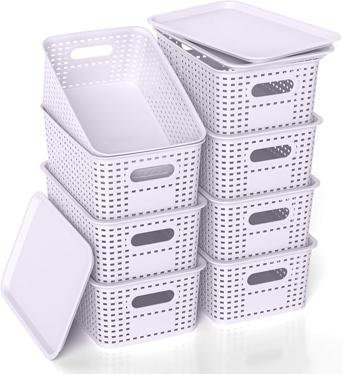Plastic Storage Basket with Lid, Stackable Small Box Bins for Organizing and Containers for Shelves Drawers Desktop Closet Playroom Pantry Classroom Office Home, 8 Pack 10.2"x7.2"x4.1" Lavender by ZFTMRR