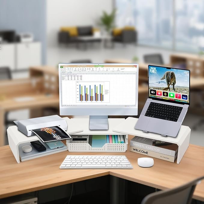 LEKETREE Dual Monitor Stand Riser with Drawer, Desk Organizer and Accessories, Metal Laptop Stand for Desk, Workspace Desktop Stand for Computer, Laptop, TV and More (White) - Image 2