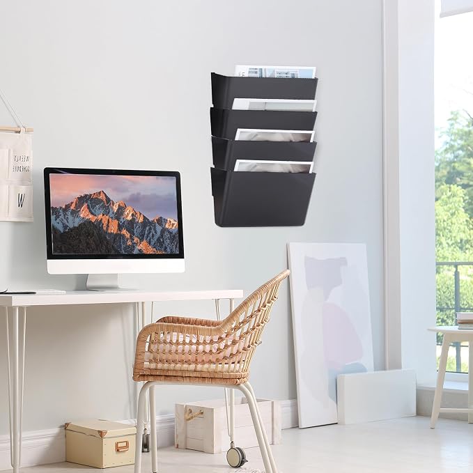 4 Pack Black Single Pocket Hanging File Organizer, Plastic Wall Mount Paper Mails Magazines Holder, Mounted Folder Bins for Office, School and Home, 12.99x4.13x7.48 inches - Image 5